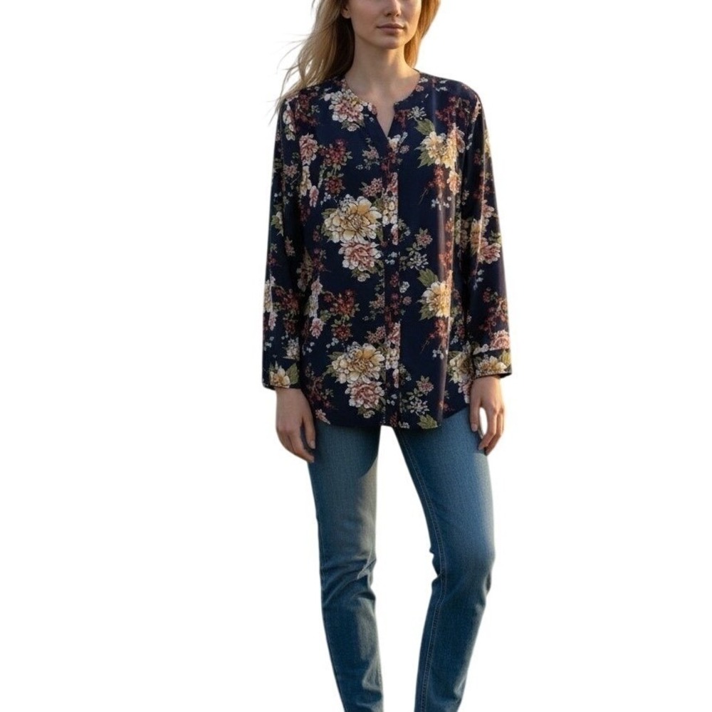 D&Co Denim Company Navy Floral Print Button Down Shirt Women's Medium